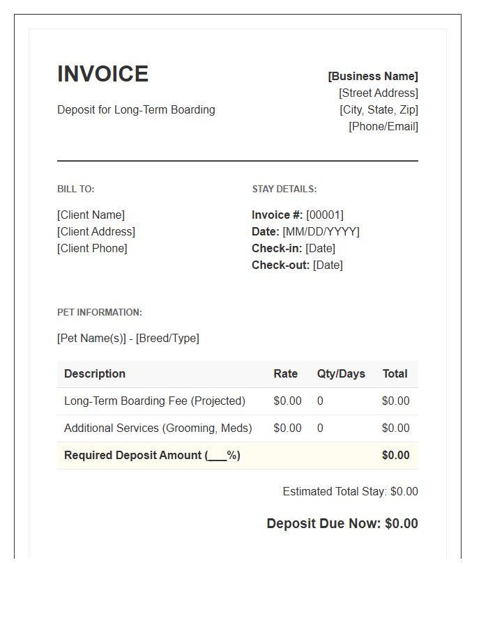 Pet Boarding Deposit Invoice Template For Long Term Stays