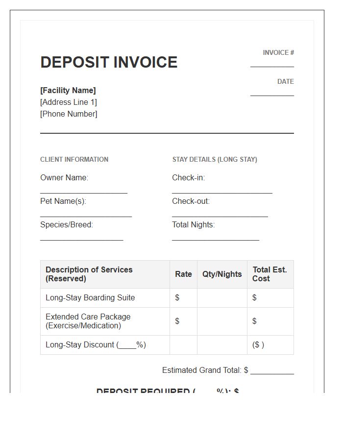 Pet Boarding Facility Deposit Invoice Template Long Stay