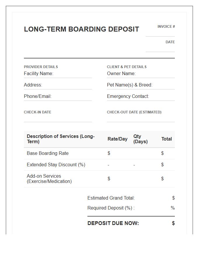 Pet Boarding Reservation Deposit Invoice Template Long Term