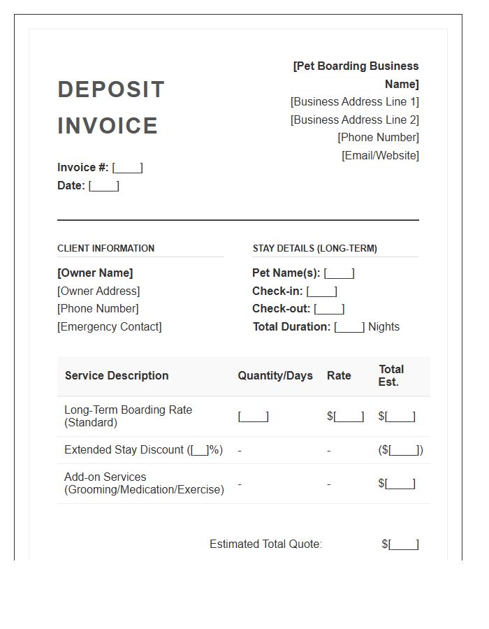 Pet Boarding Services Deposit Invoice Template Long Term