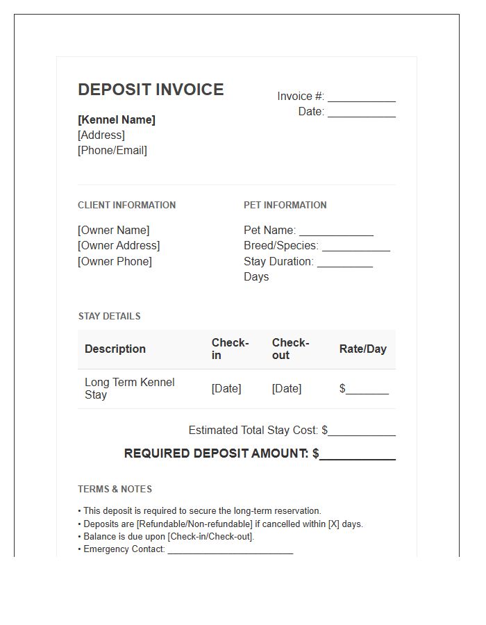 Pet Kennel Long Term Stay Deposit Invoice Template