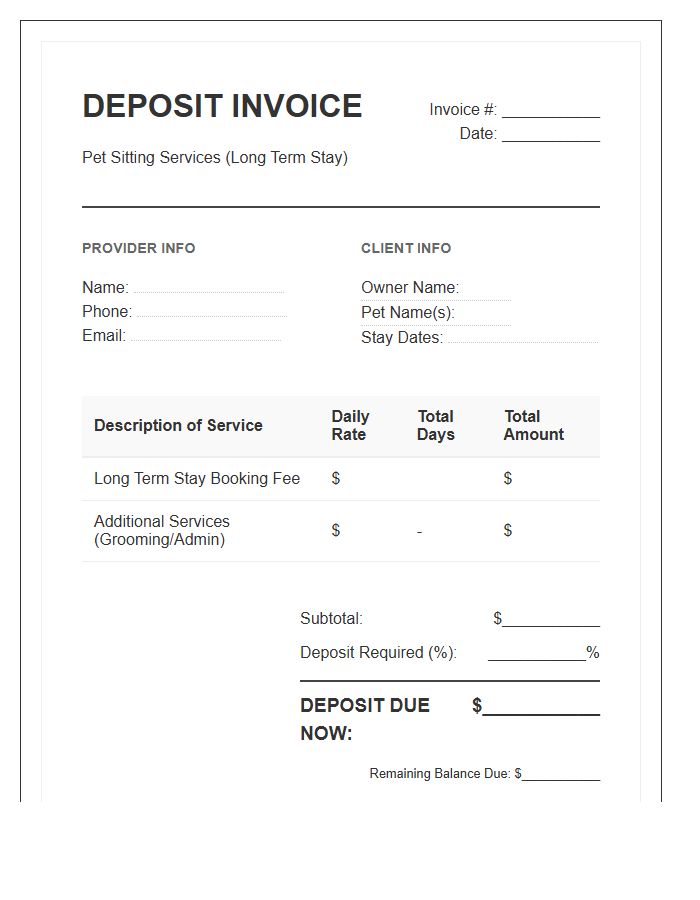 Pet Sitter Long Term Stay Deposit Invoice Template