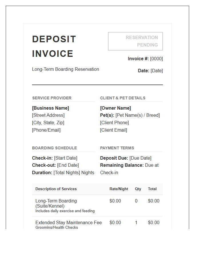 Professional Pet Boarding Deposit Invoice Template Long Term