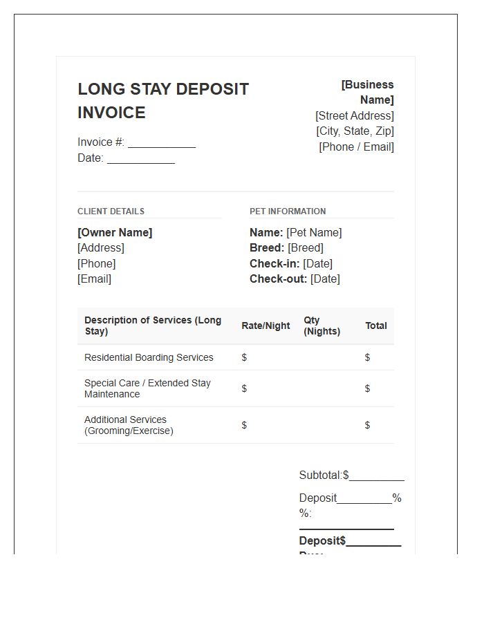Residential Pet Boarding Deposit Invoice Template Long Stay