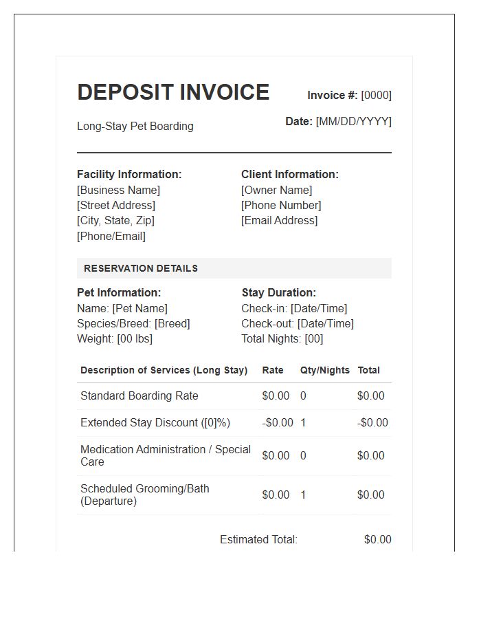 Standard Pet Boarding Deposit Invoice Template Long Stay