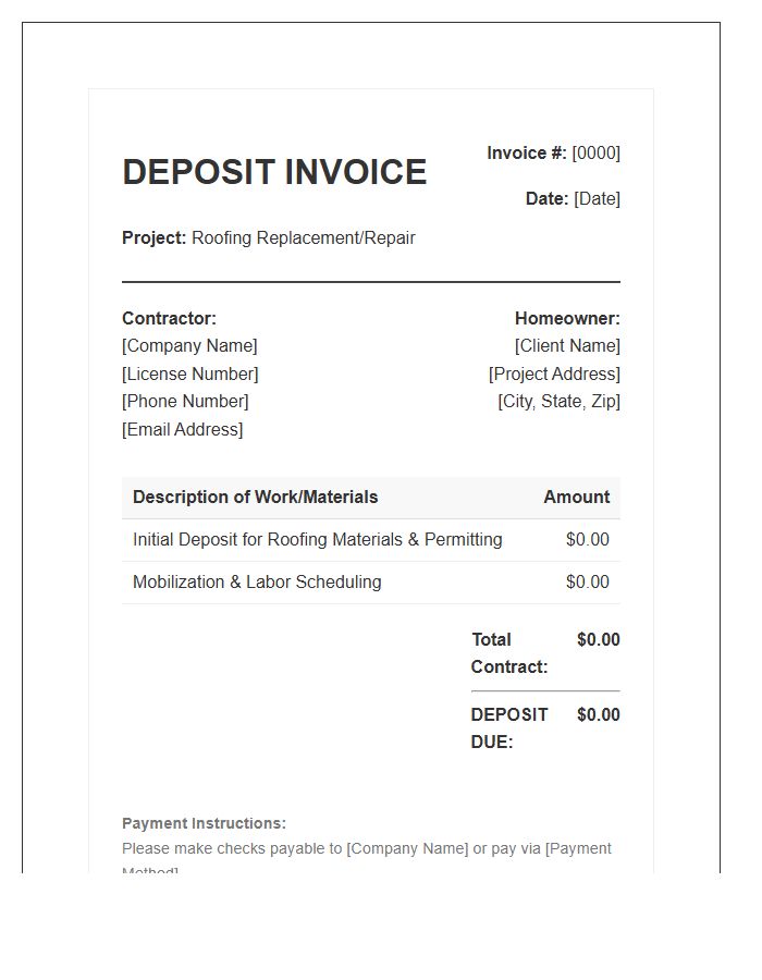 Homeowner Roofing Project Deposit Invoice Template