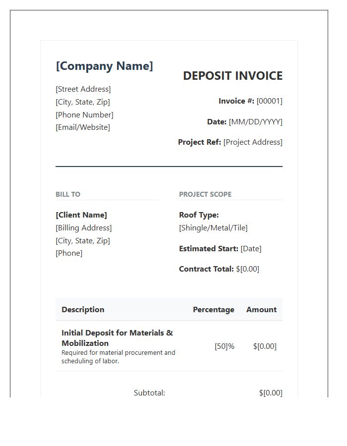 Professional Residential Roofing Deposit Invoice Template