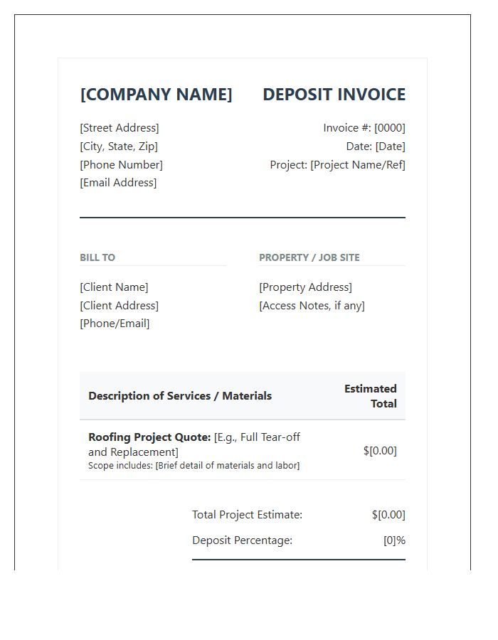 Professional Roof Repair Deposit Invoice Template