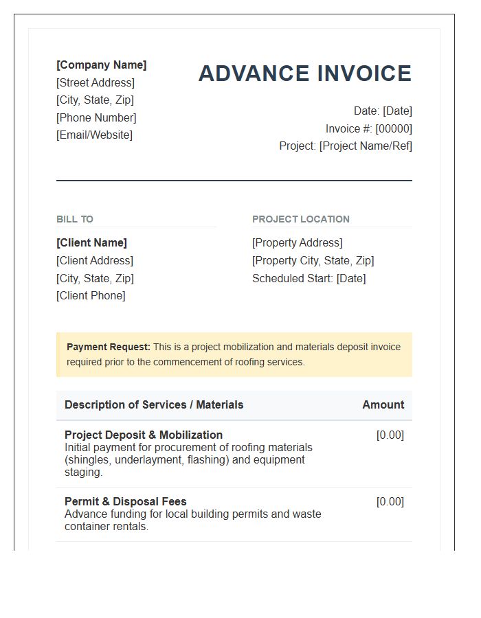 Professional Roofing Project Advance Invoice Template