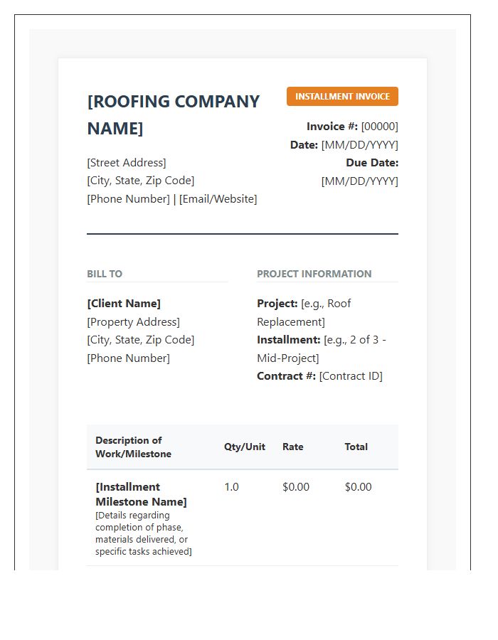 Professional Roofing Project Installment Invoice Template