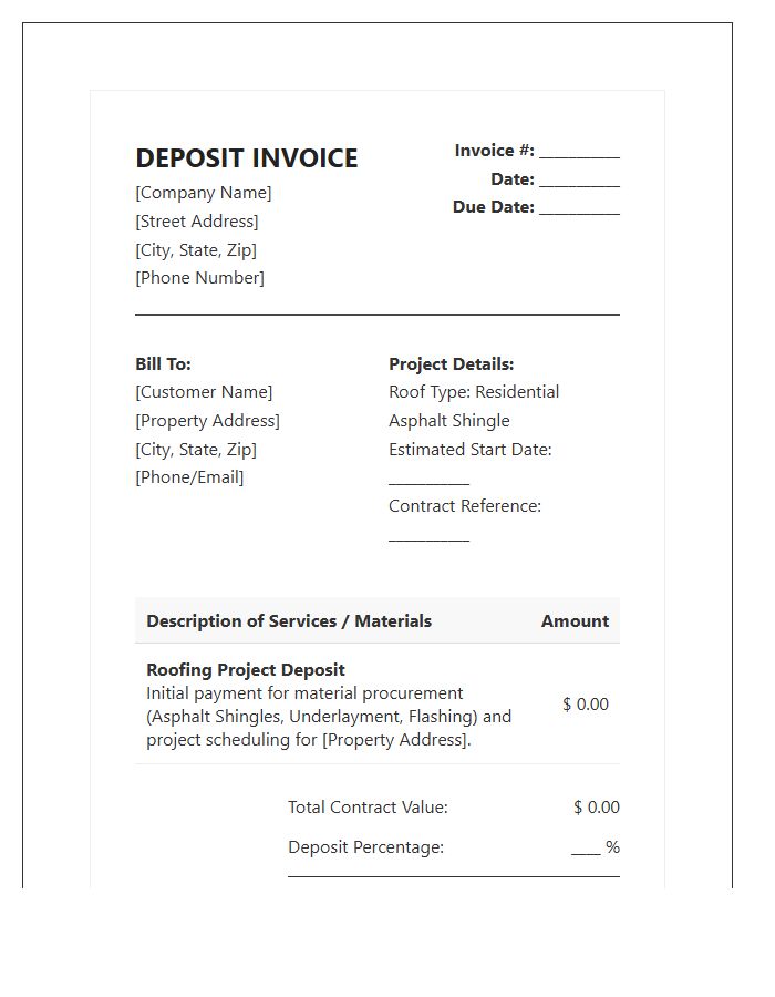 Residential Asphalt Roof Deposit Invoice Template