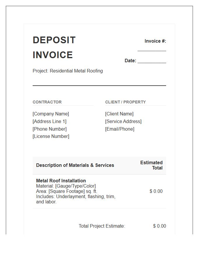 Residential Metal Roof Deposit Invoice Template