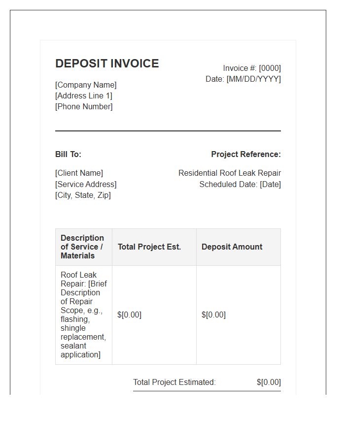 Residential Roof Leak Repair Deposit Invoice Template
