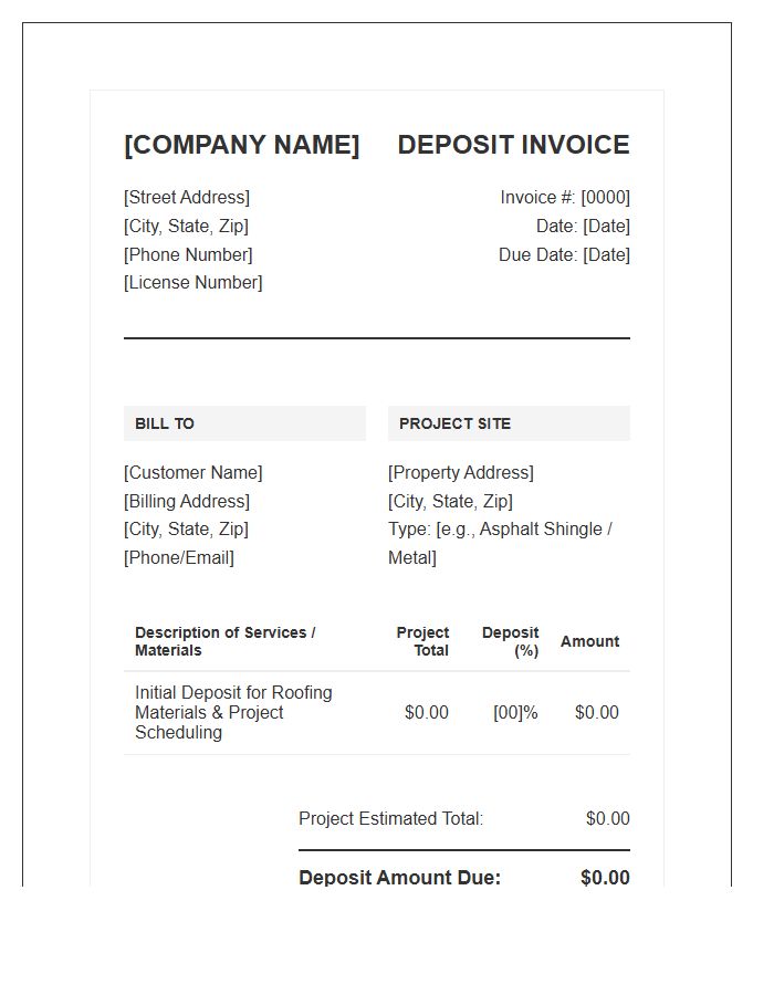 Residential Roofing Project Deposit Invoice Template