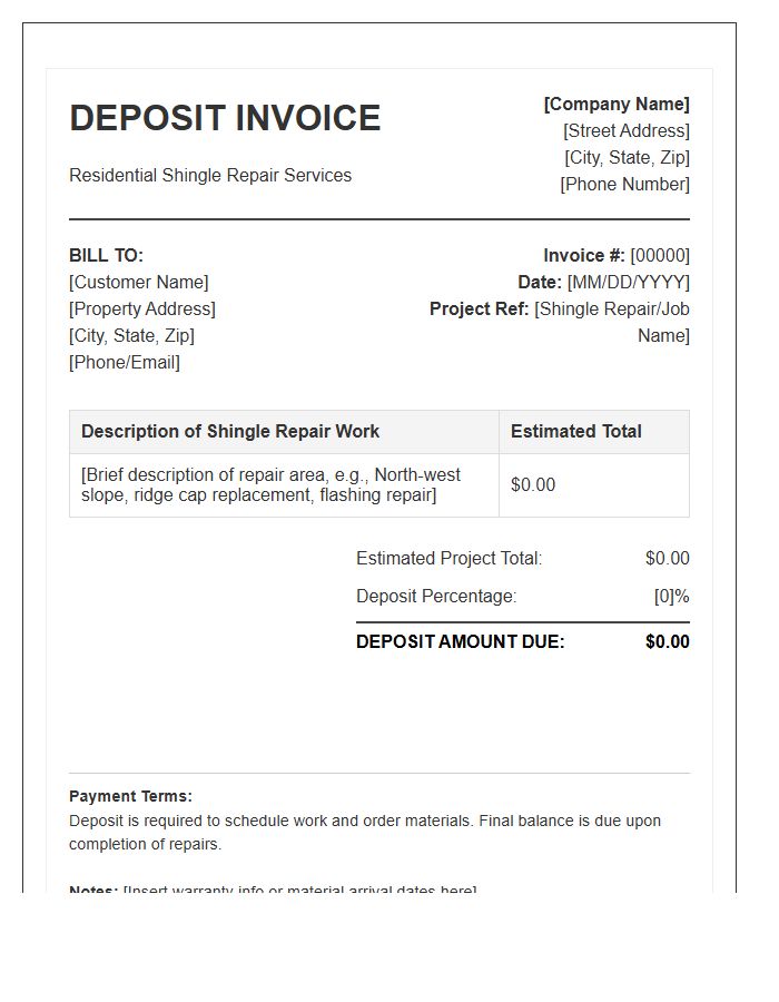 Residential Shingle Repair Deposit Invoice Template