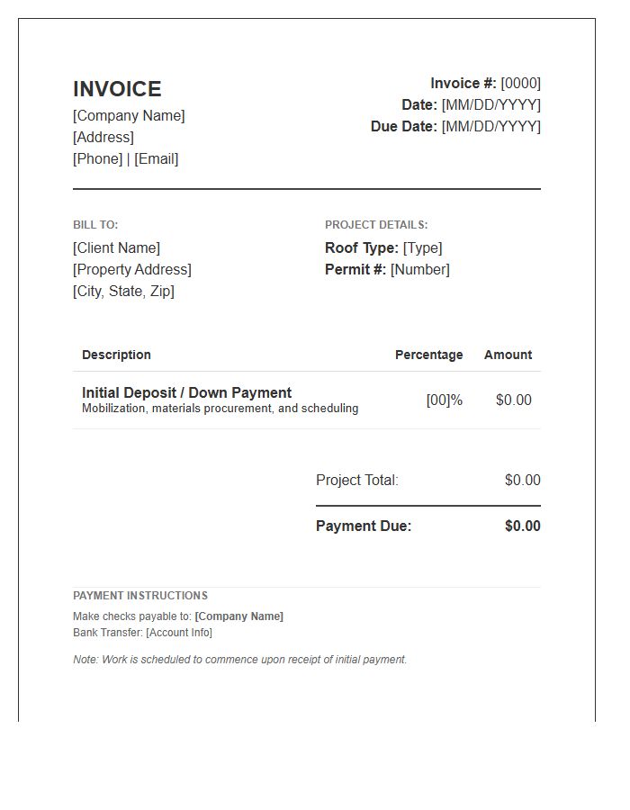 Roofing Project Initial Payment Invoice Template