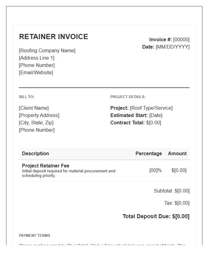 Roofing Project Retainer Fee Invoice Template
