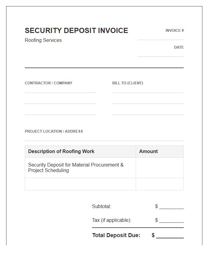 Roofing Project Security Deposit Invoice Template