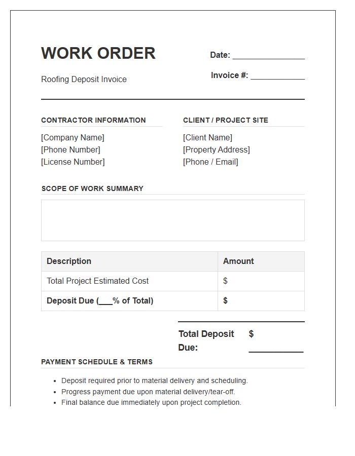 Roofing Project Work Order Deposit Invoice Template