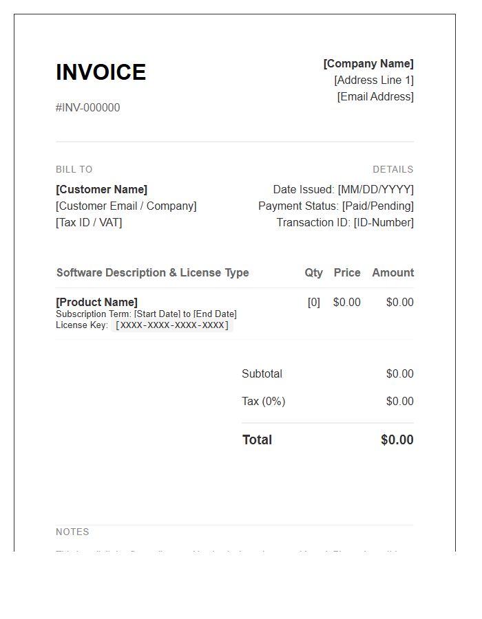 Digital Software License Invoice Template