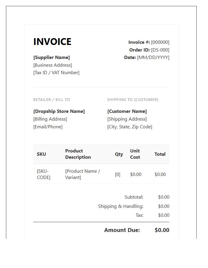Dropship Supplier Product Invoice Template
