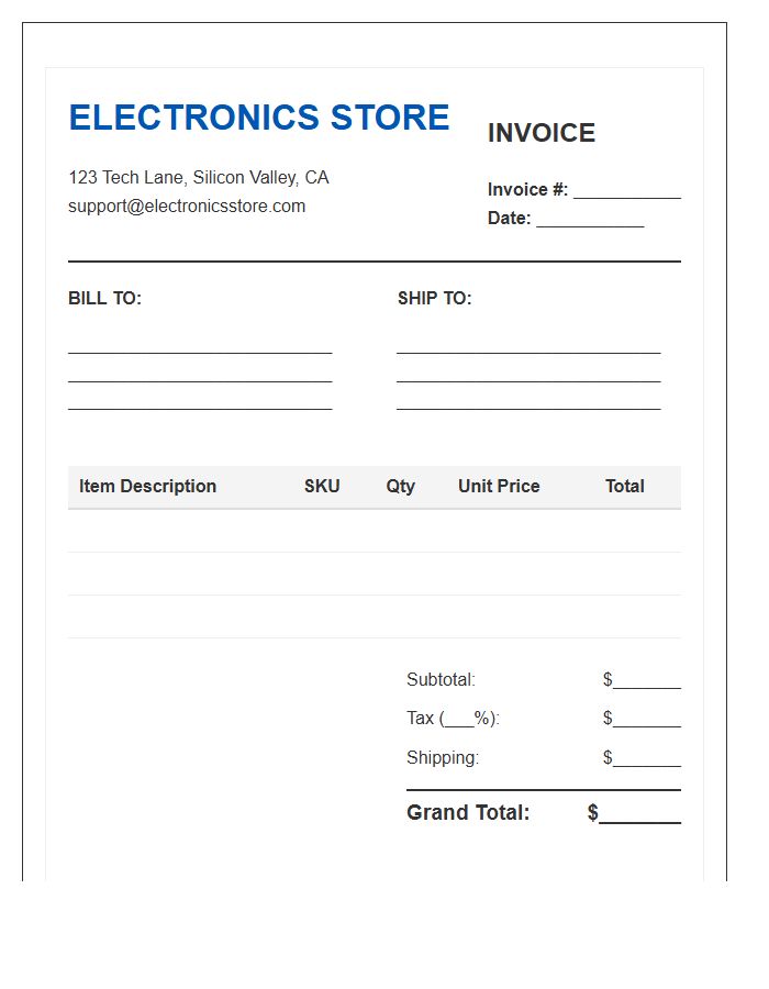 Electronics Store Order Invoice Template
