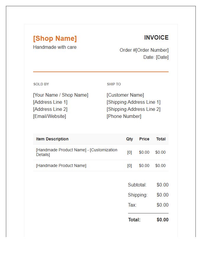 Etsy Handmade Goods Invoice Template