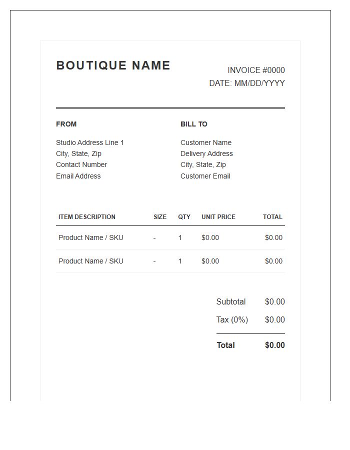 Fashion Boutique Product Invoice Template