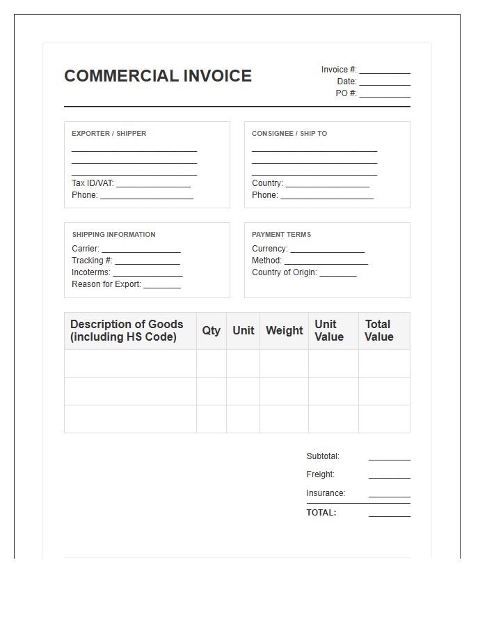 International Shipping Product Invoice Template
