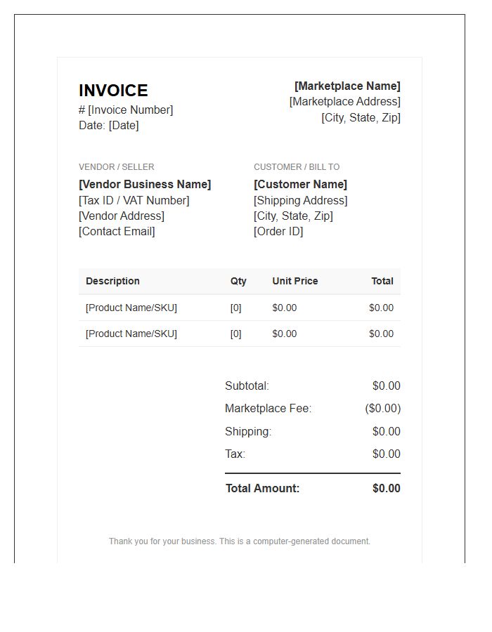 Marketplace Vendor Sale Invoice Template