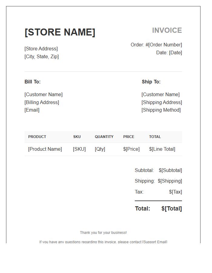 Shopify Store Order Invoice Template