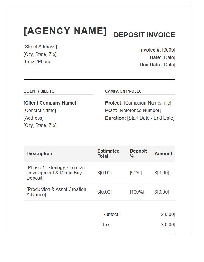 Advertising Agency Campaign Deposit Invoice Template
