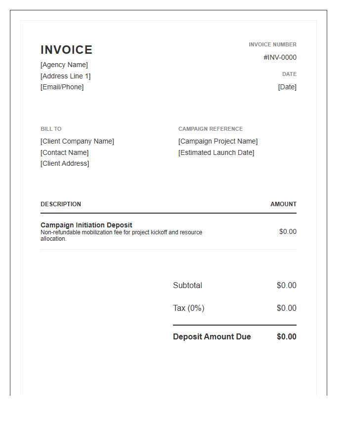 Agency Campaign Initiation Deposit Invoice Template
