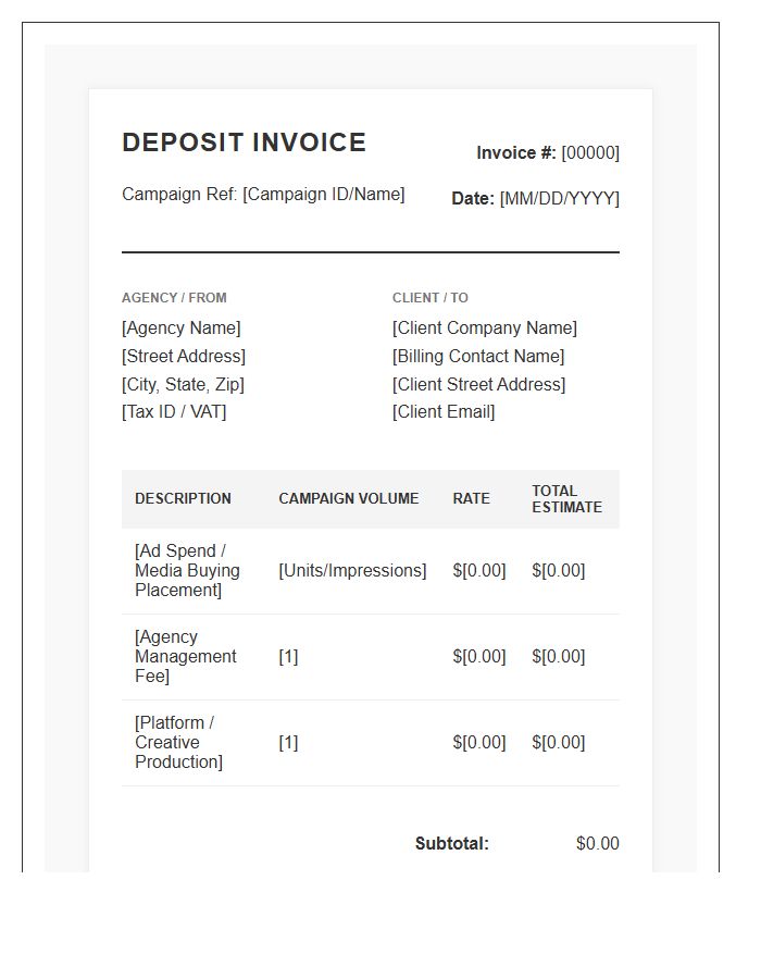 High Volume Campaign Deposit Invoice Template For Agencies
