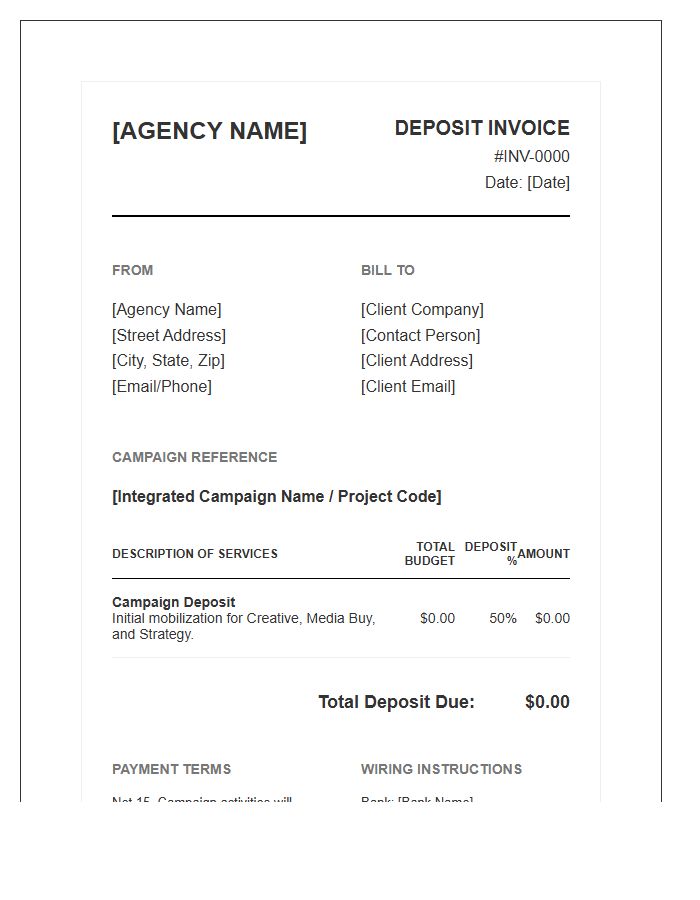 Integrated Campaign Deposit Invoice Template For Agencies