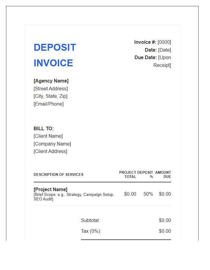 Professional Services Deposit Invoice Template For Marketing