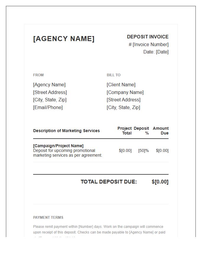 Promotional Marketing Deposit Invoice Template For Agencies