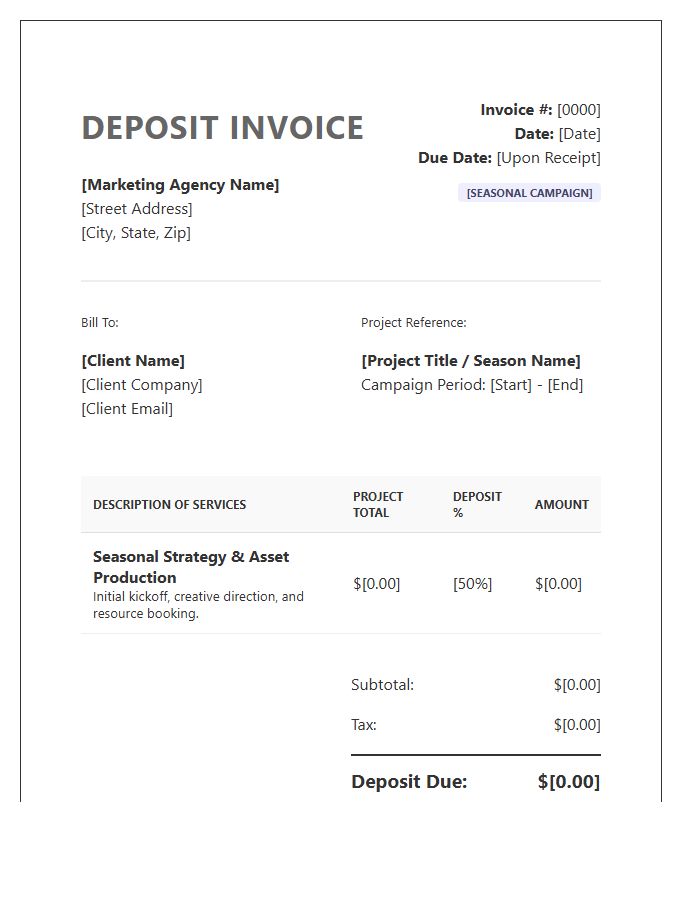 Seasonal Project Deposit Invoice Template For Marketing Teams