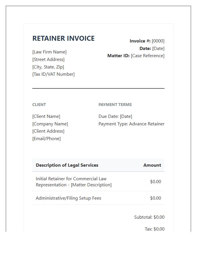 Commercial Law Retainer Payment Invoice Template