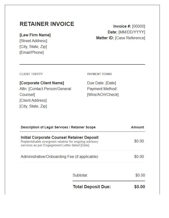 Corporate Counsel Retainer Deposit Invoice Template