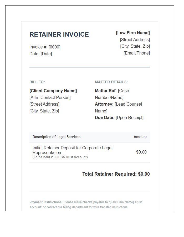 Corporate Law Retainer Deposit Invoice Template