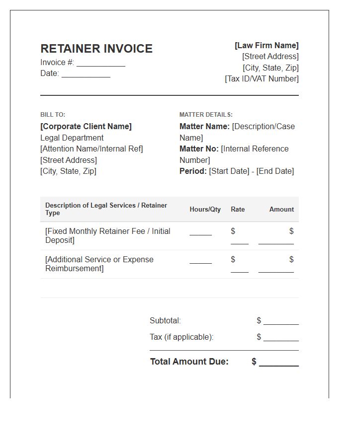 Corporate Legal Department Retainer Invoice Template