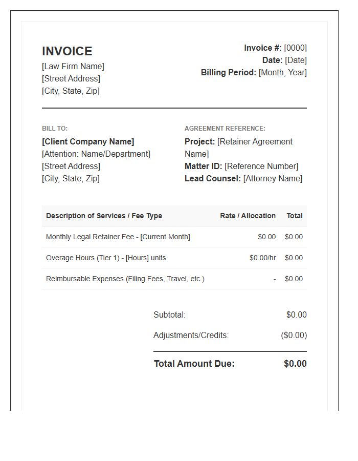 Corporate Legal Retainer Agreement Invoice Template