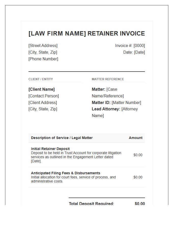 Corporate Litigation Retainer Deposit Invoice Template