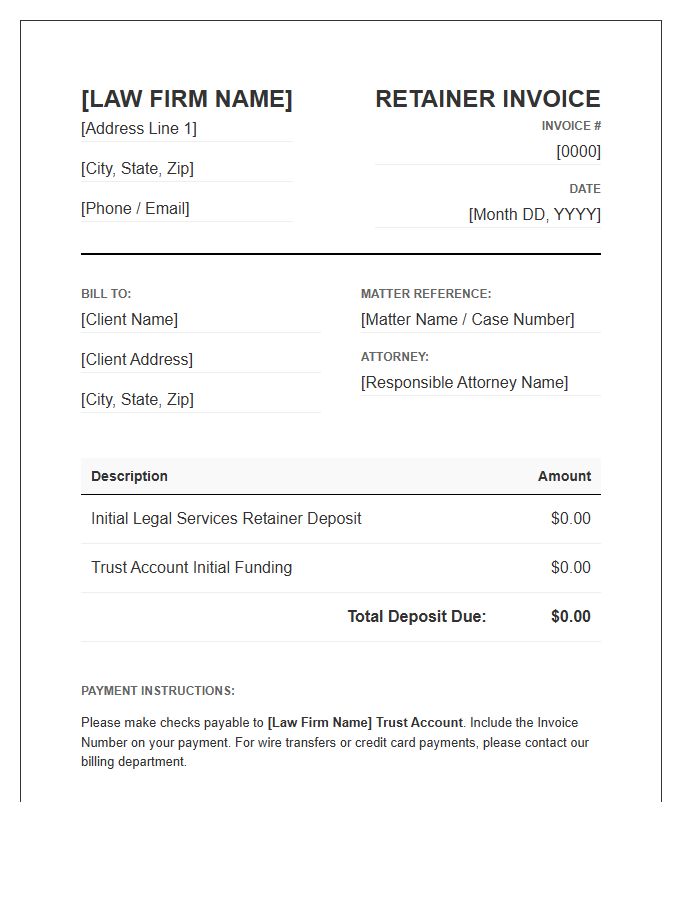 Law Firm Retainer Deposit Billing Invoice Template