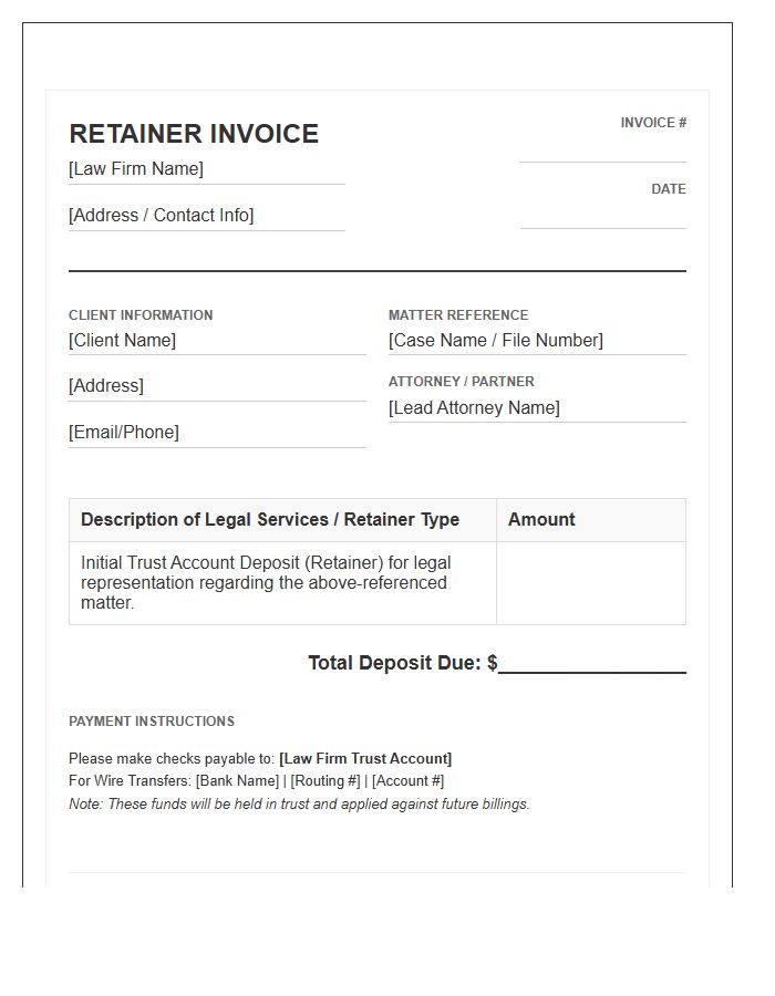 Legal Representation Retainer Deposit Invoice Template