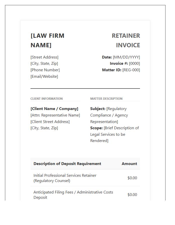 Regulatory Law Retainer Deposit Invoice Template
