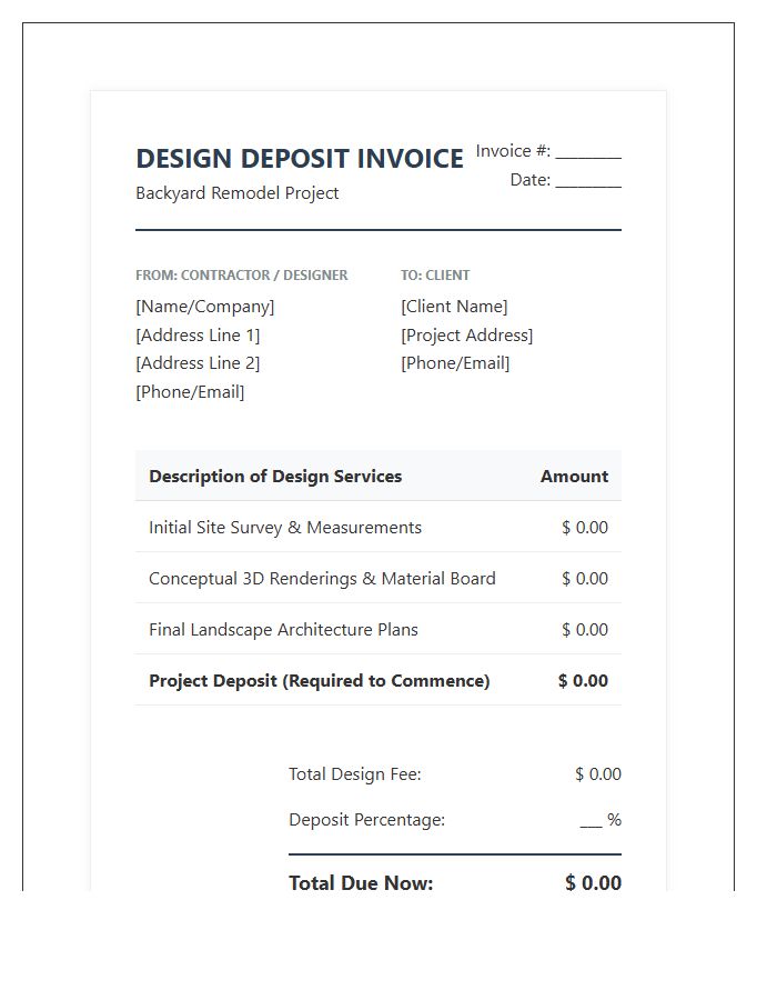 Backyard Remodel Project Deposit Invoice Template For Design