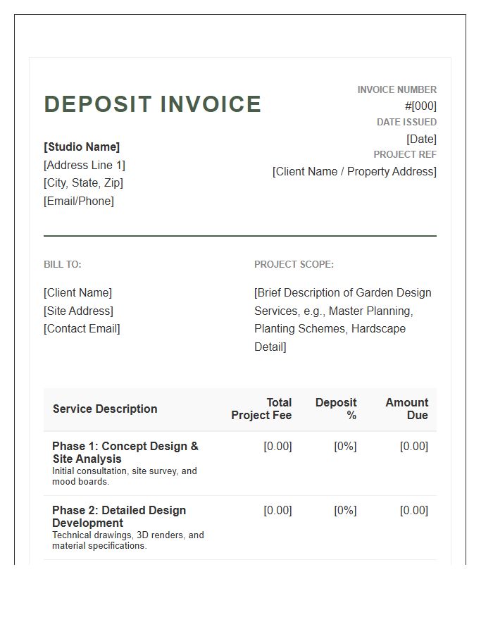 Detailed Garden Design Project Deposit Invoice Template