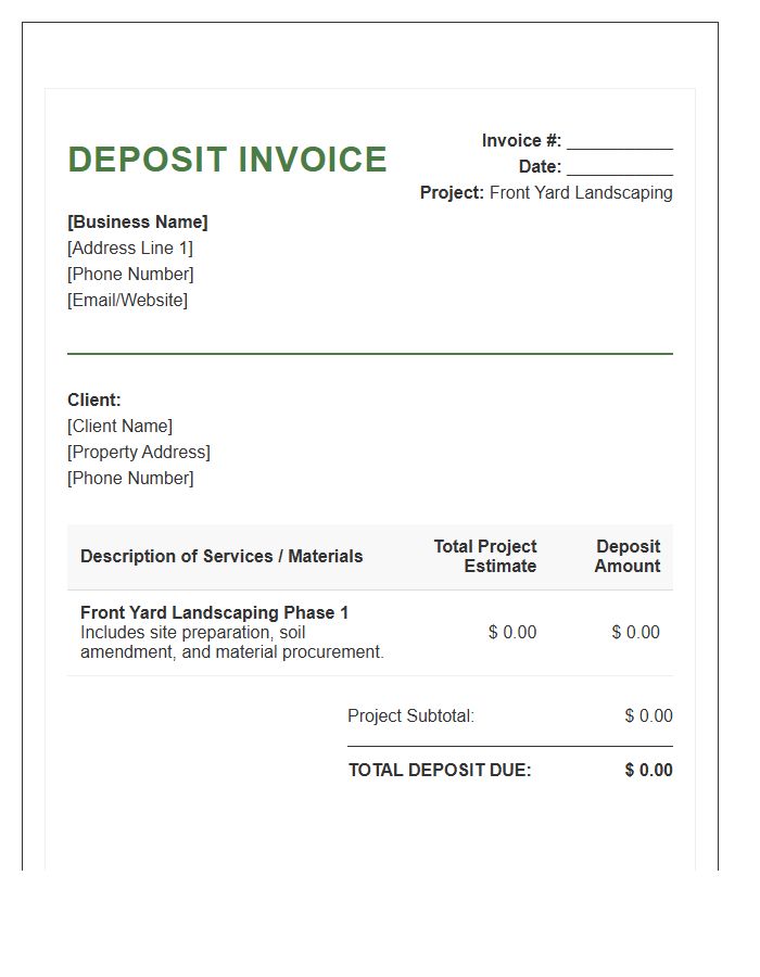 Front Yard Landscaping Project Deposit Invoice Template